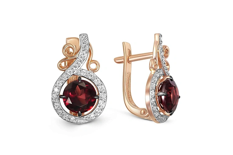 Серьги из красного золота с 2 гранатами и 44 фианитами