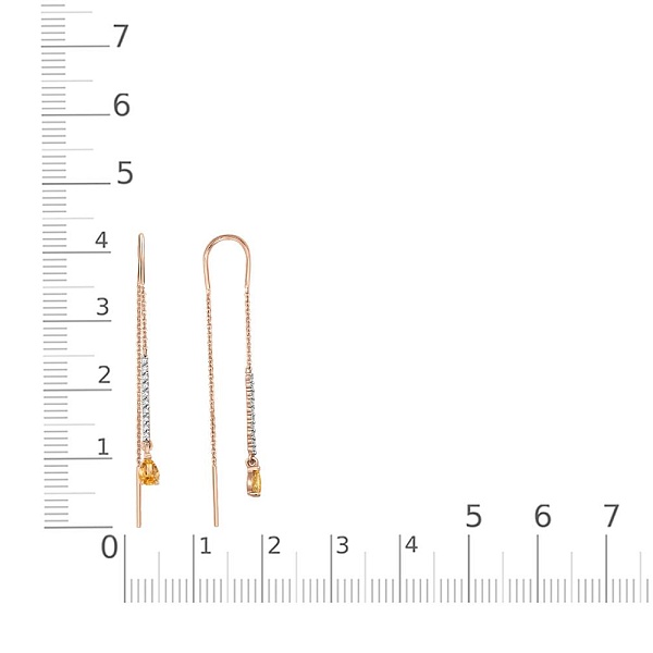 Серьги-продёвки Дорожки из красного золота с 2 цитринами и 20 фианитами