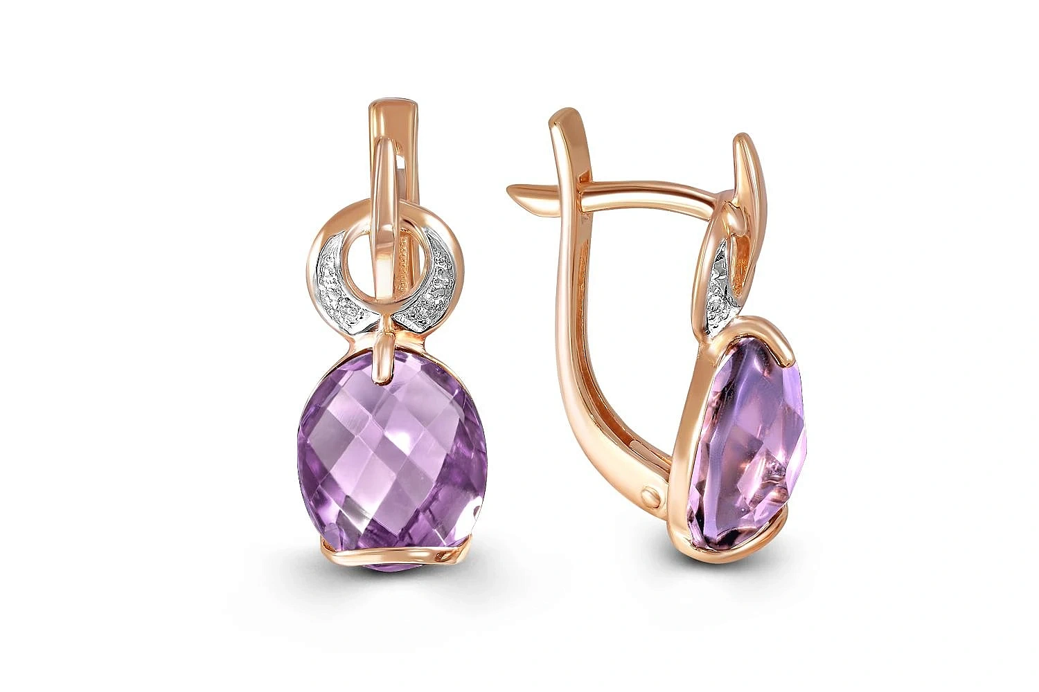 Серьги из красного золота с 2 аметистами и 4 фианитами
