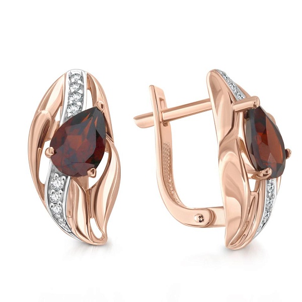 Серьги из красного золота с 2 гранатами и 14 фианитами