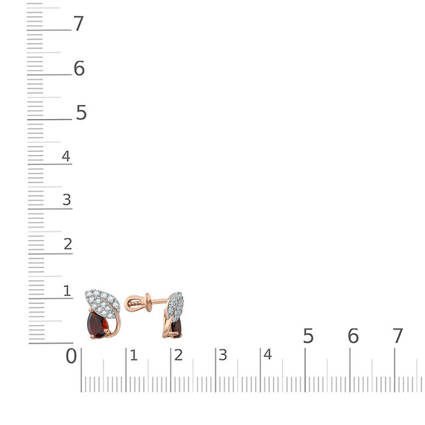 Серьги-пусеты Веточки из красного золота с 2 гранатами и 26 фианитами
