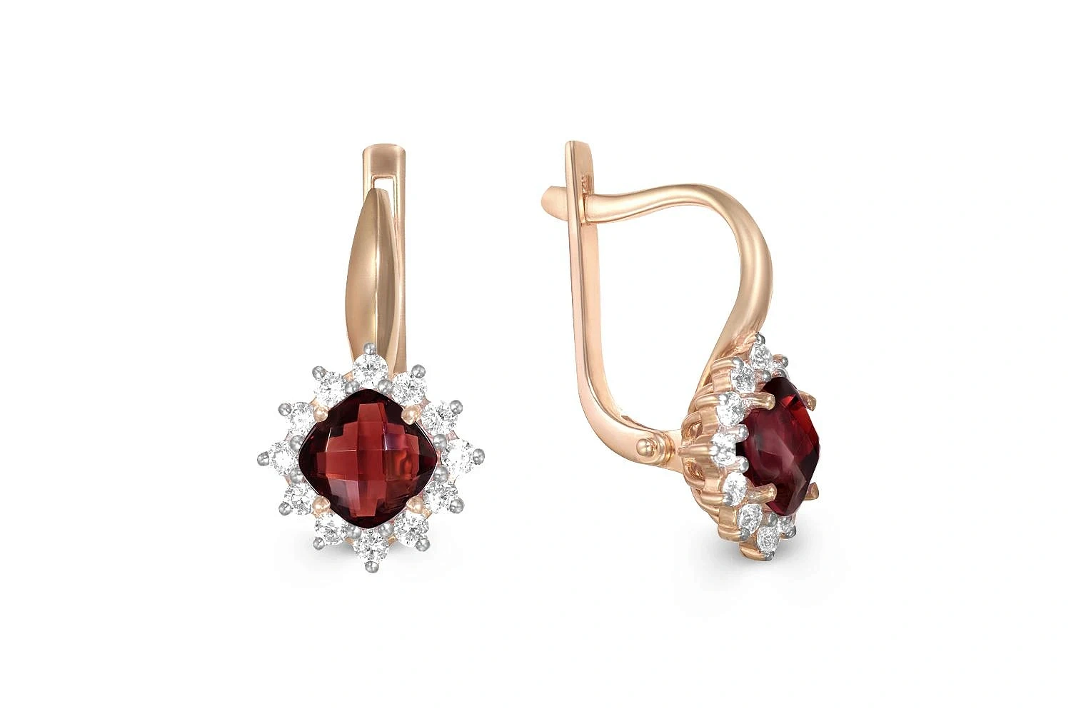 Серьги из красного золота с 2 гранатами и 24 фианитами