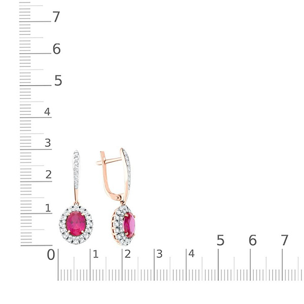 Серьги из красного золота с 2 корундами и 88 фианитами