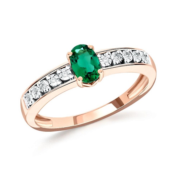 Кольцо из красного золота с изумрудом и 10 бриллиантами