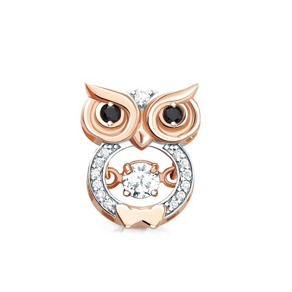 Подвеска Сова из красного золота с 14 муассанитами и 2 бриллиантами