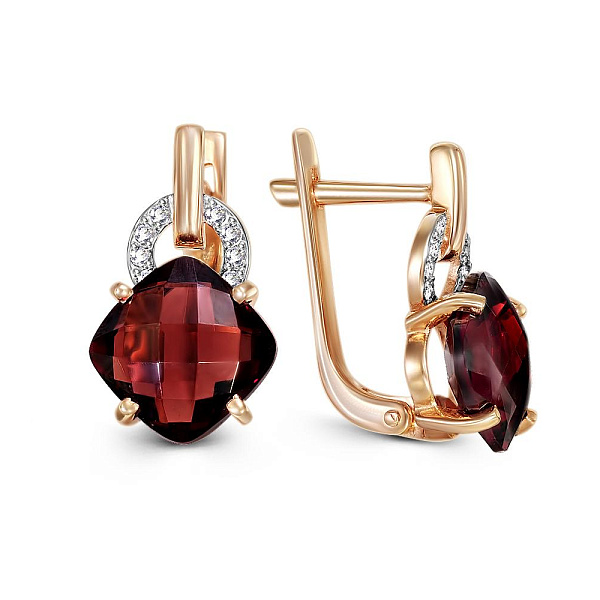 Серьги из красного золота с 2 гранатами и 16 фианитами