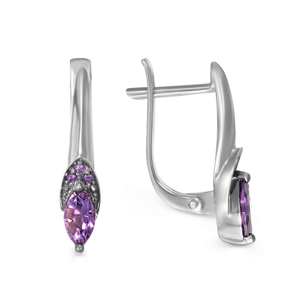 Серьги из белого золота с 2 аметистами и 6 фианитами