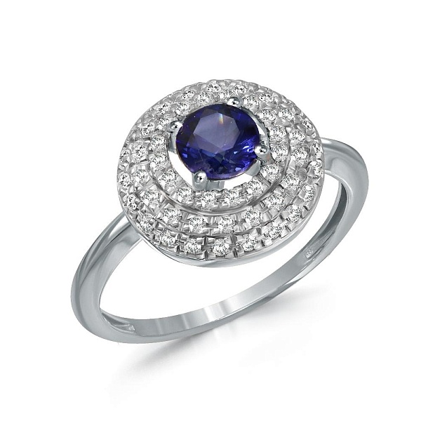 Кольцо из белого золота с корундом и 56 бриллиантами