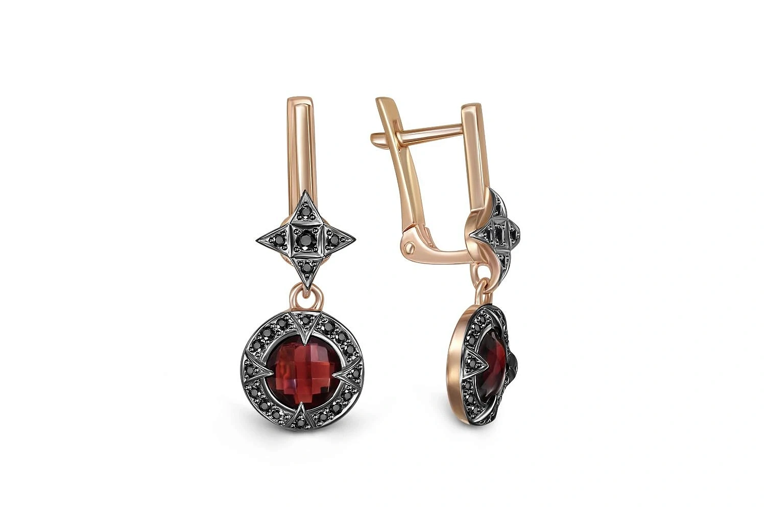 Серьги из красного золота с 2 гранатами и 42 фианитами