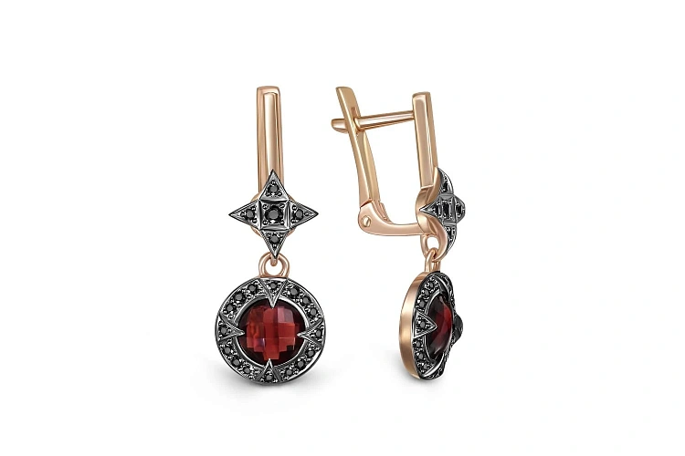 Серьги из красного золота с 2 гранатами и 42 фианитами