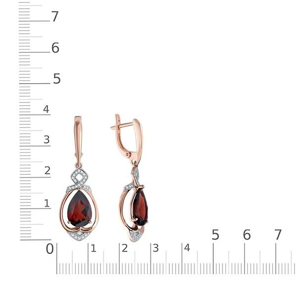 Серьги из красного золота с 2 гранатами и 48 фианитами