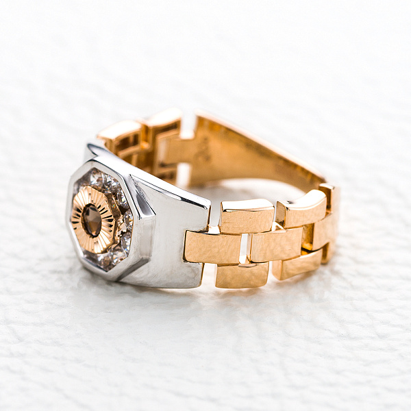 Печатка из красного золота с раухтопазом и 10 фианитами