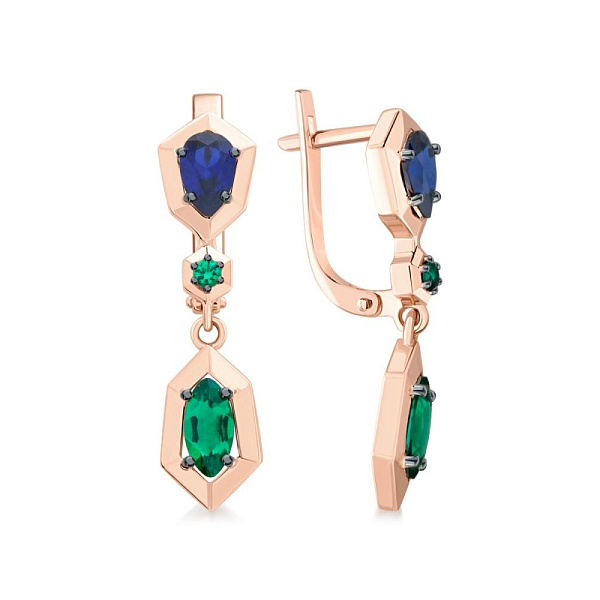 Серьги из красного золота с 4 изумрудами и 2 корундами