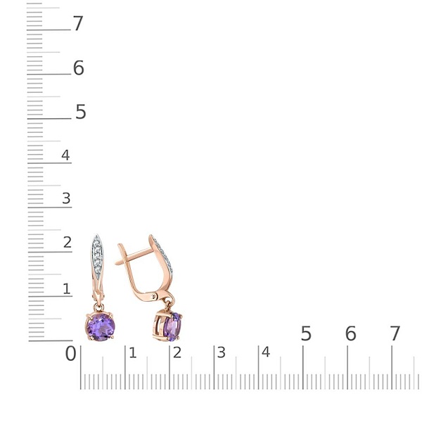 Серьги из красного золота с 2 аметистами и 10 фианитами