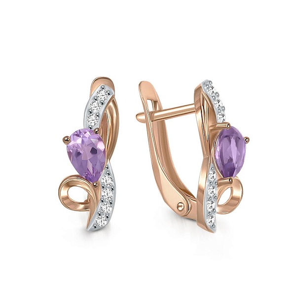 Серьги из красного золота с 2 аметистами и 14 фианитами