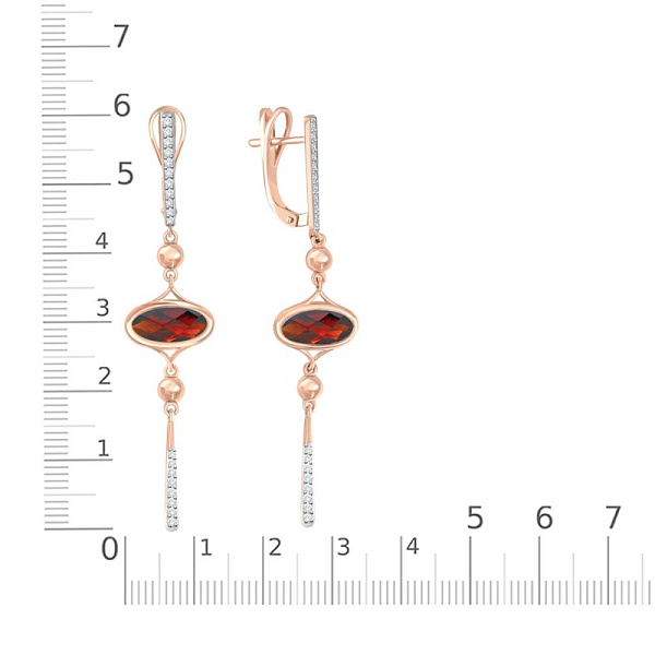 Серьги из красного золота с 2 гранатами и 38 фианитами