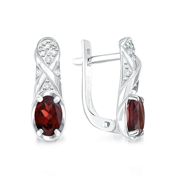 Серьги из белого золота с 2 гранатами и 14 фианитами