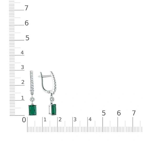 Серьги из белого золота с 2 изумрудами и 32 фианитами