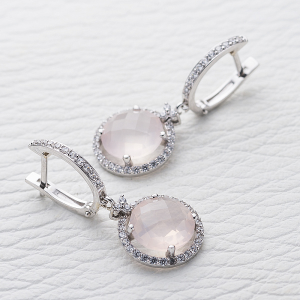 Серьги из белого золота с 2 кварцами и 78 фианитами