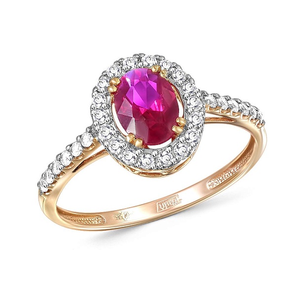 Кольцо из красного золота с корундом и 30 фианитами