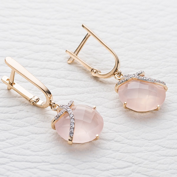 Серьги из красного золота с 2 кварцами и 32 фианитами