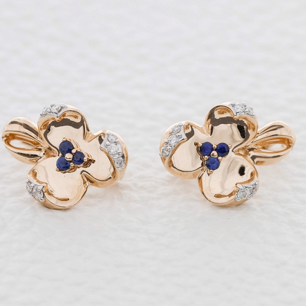Серьги Цветы из красного золота с 6 сапфирами и 14 бриллиантами