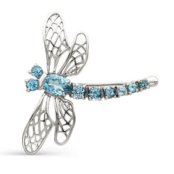 Брошь Стрекоза из белого золота с 9 топазами sky