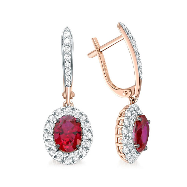 Серьги из красного золота с 2 корундами и 88 фианитами