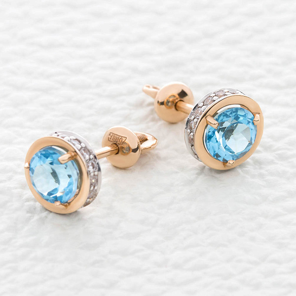 Серьги-пусеты из красного золота с 2 топазами swiss и 32 фианитами