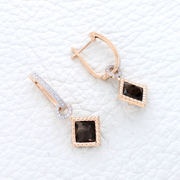 Серьги-трансформеры из красного золота с 2 раухтопазами и 24 фианитами