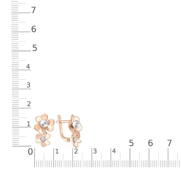 Серьги Цветы из красного золота с 2 жемчужинами и 2 фианитами