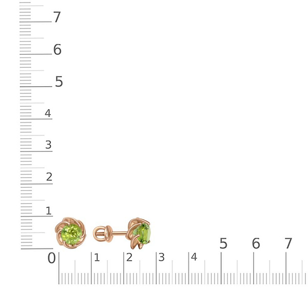 Серьги-пусеты из красного золота с 2 хризолитами