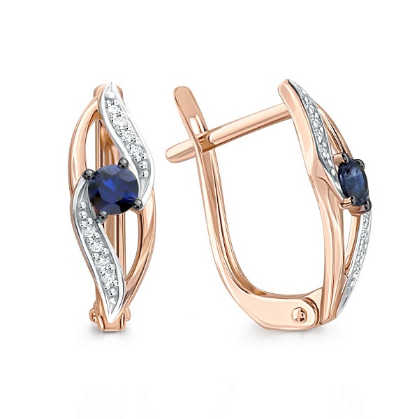 Серьги из красного золота с 2 сапфирами и 16 бриллиантами