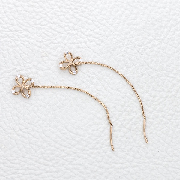 Серьги-продёвки Цветы из красного золота с 8 фианитами