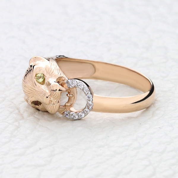 Кольцо Тигр из красного золота с 18 хризолитами