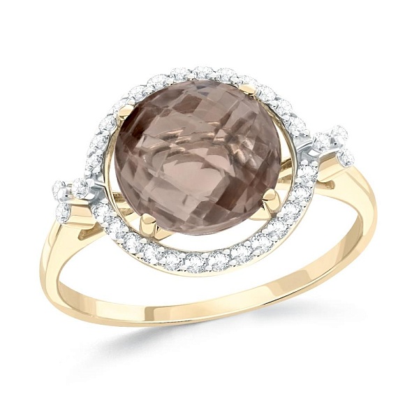 Кольцо из жёлтого золота с раухтопазом и 32 фианитами