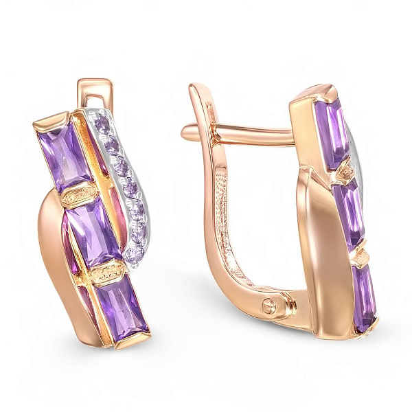 Серьги из красного золота с 6 аметистами и 14 фианитами