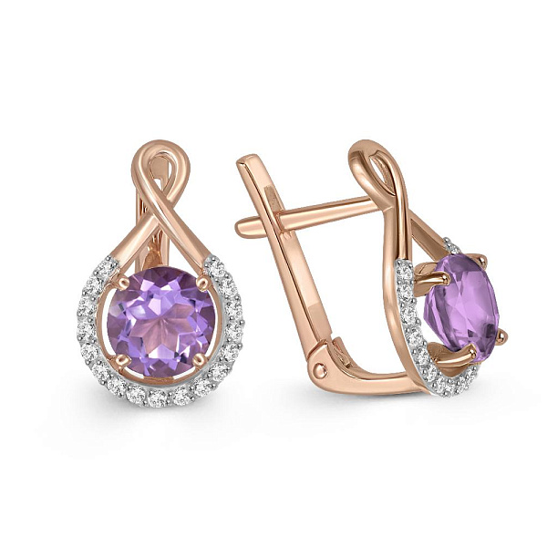Серьги из красного золота с 2 аметистами и 34 фианитами