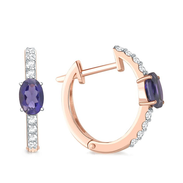 Серьги из красного золота с 2 иолитами и 16 фианитами