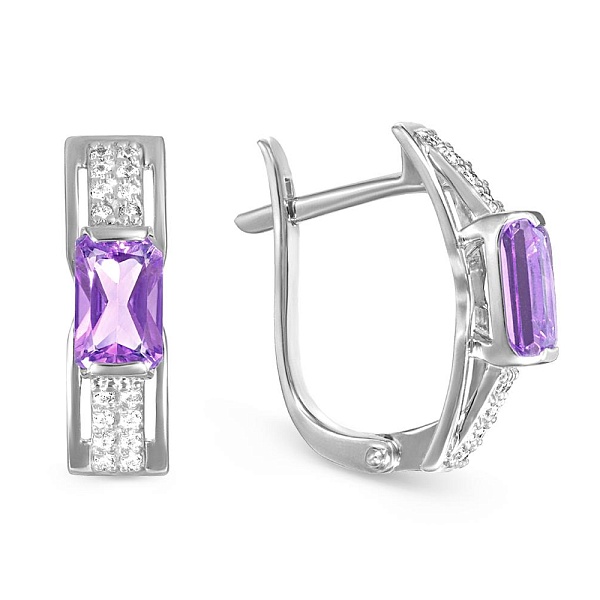Серьги из белого золота с 2 аметистами и 32 фианитами