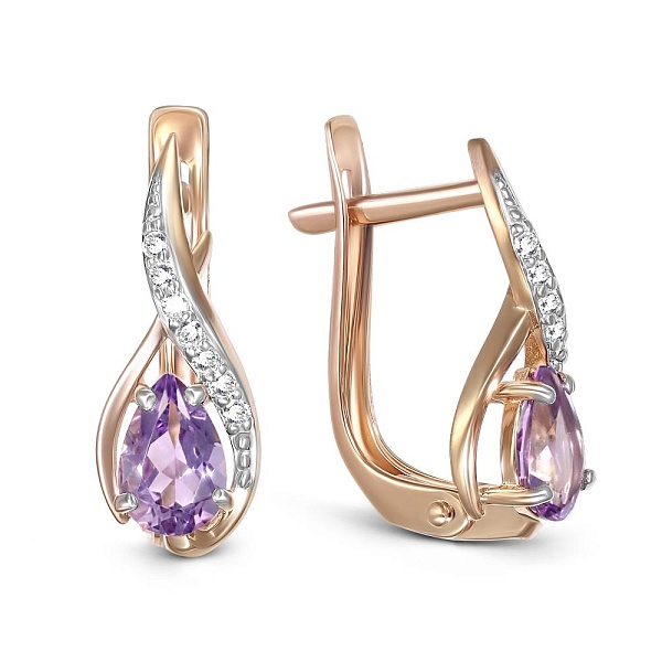 Серьги из красного золота с 2 аметистами и 14 фианитами