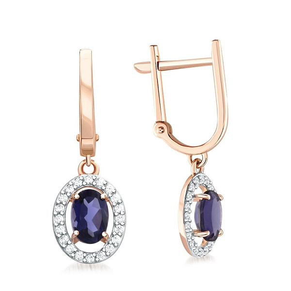 Серьги из красного золота с 2 иолитами и 40 фианитами