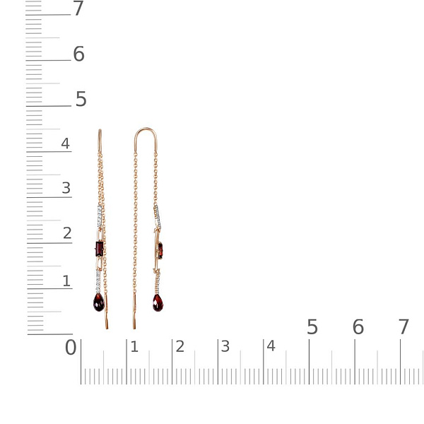 Серьги-продёвки из красного золота с 4 гранатами и 20 фианитами