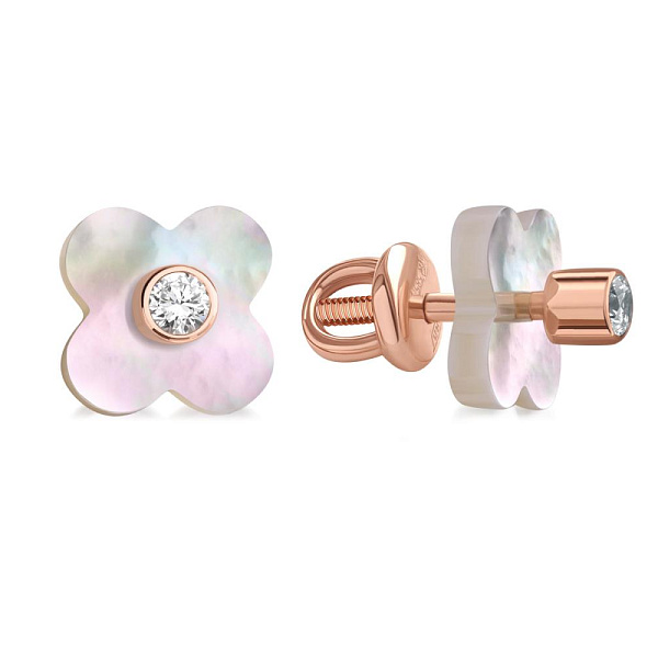 Серьги-пусеты Клевер из красного золота с перламутром и 2 фианитами