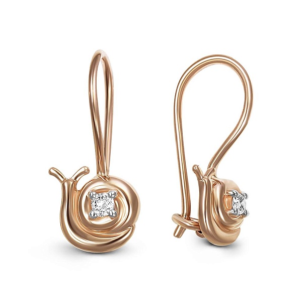 Детские серьги Улитка из красного золота с 2 бриллиантами