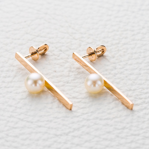 Серьги-пусеты из красного золота с 2 жемчужинами