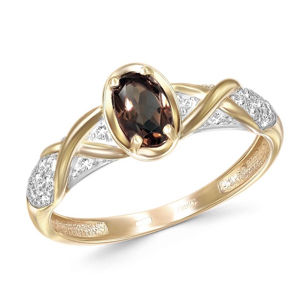 Кольцо из жёлтого золота с раухтопазом и 20 фианитами