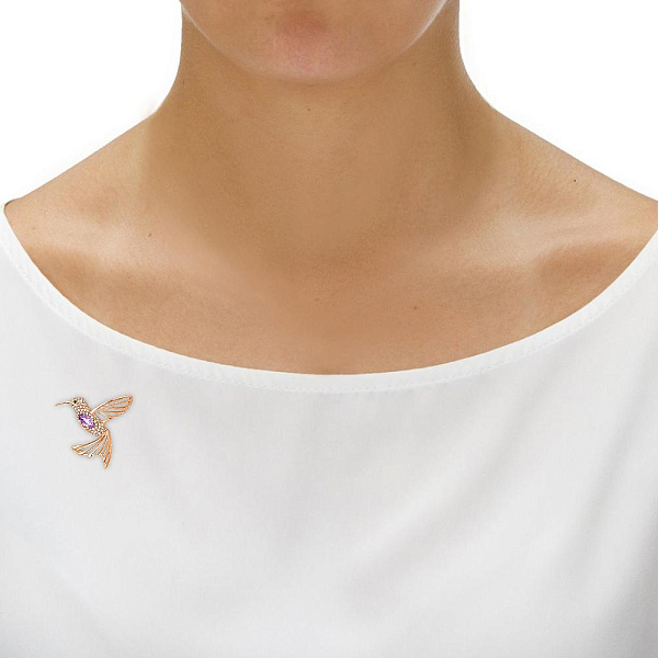 Брошь Колибри из красного золота с аметистом и 48 фианитами