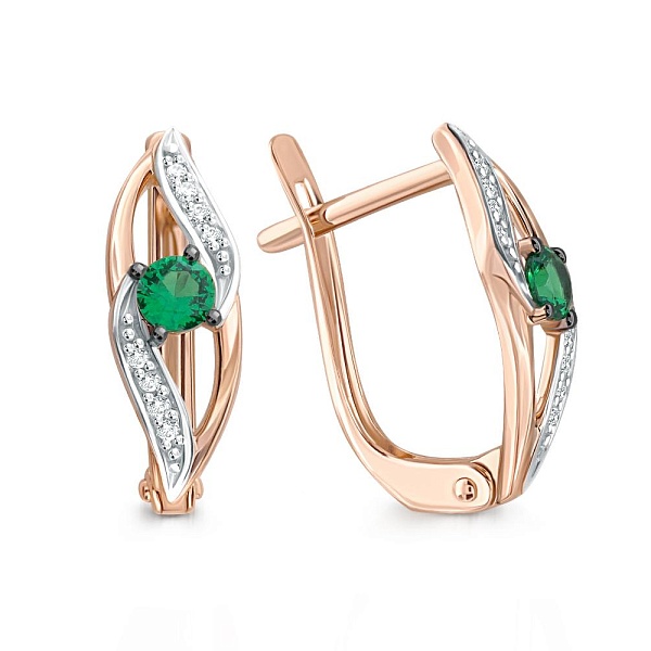 Серьги из красного золота с 2 изумрудами и 16 бриллиантами