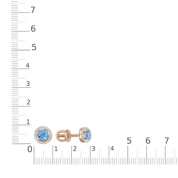 Серьги-пусеты из красного золота с 2 топазами swiss и 46 фианитами